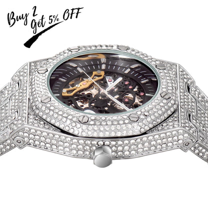 TOPGRILLZ Mechanical Luxury Rhinestones Watches White Gold Shine Mens