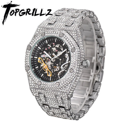 TOPGRILLZ Mechanical Luxury Rhinestones Watches White Gold Shine Mens