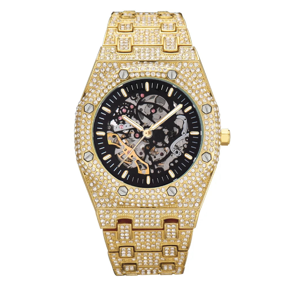 TOPGRILLZ Mechanical Luxury Rhinestones Watches White Gold Shine Mens